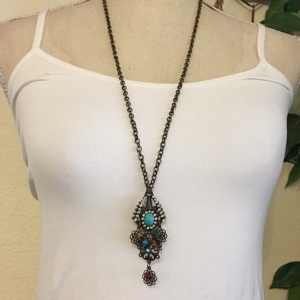 Vintage brass tone rhinestone medallion necklace